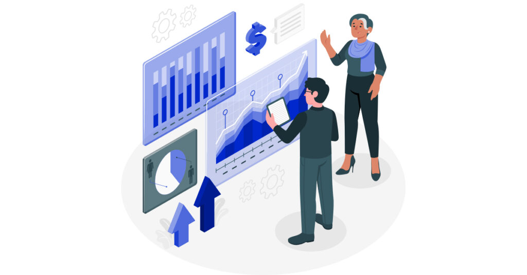 ilustracion de dos personas revisando tablas y graficas 