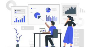 ilustracion de dos personas analizando datos de algunas graficas 